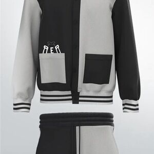 Black/Gray Varsity Jacket and Pants Set with black and white embroidered logo.
